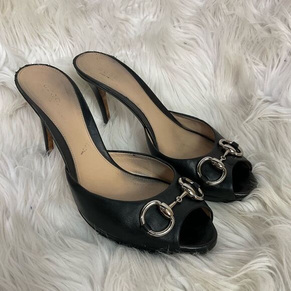Gucci Black Leather GG Horsebit Peep Toe Heeled Sandals US 8.5 EUR 39.5 - Picture 1 of 12